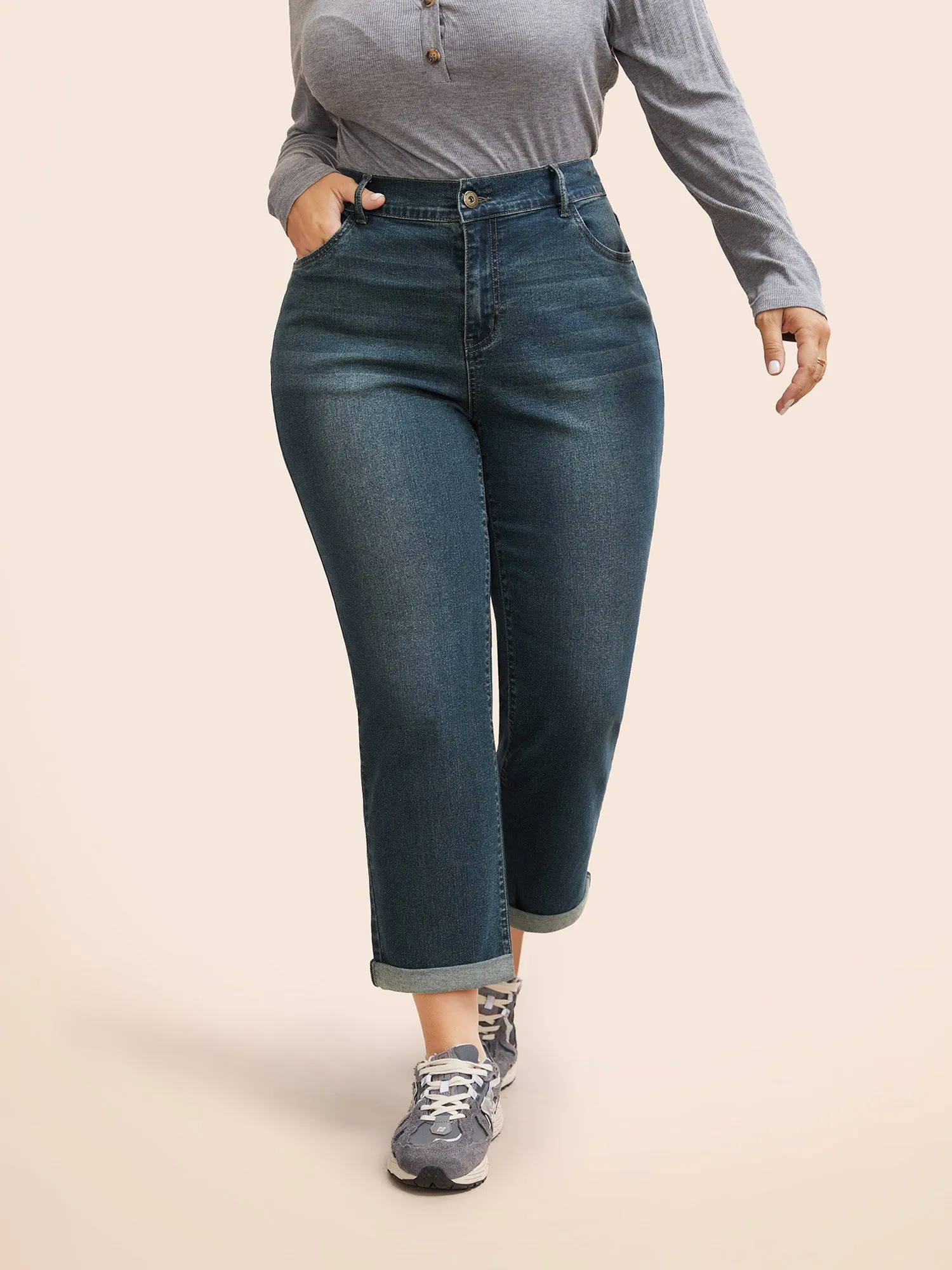 Medium Wash Button Up Roll Hem Jeans sold by Bloomchic