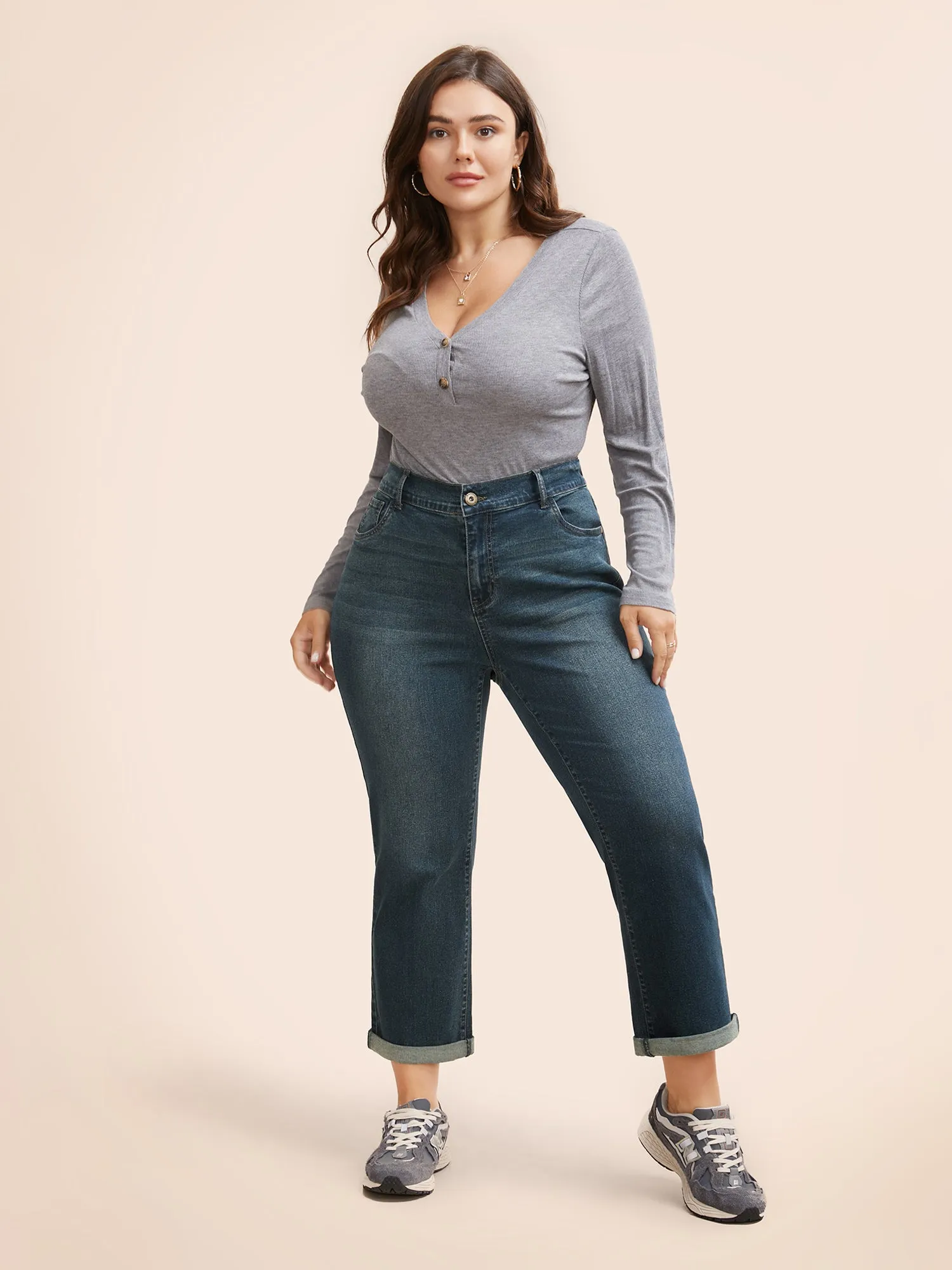 Medium Wash Button Up Roll Hem Jeans sold by Bloomchic product image thumbnail 3