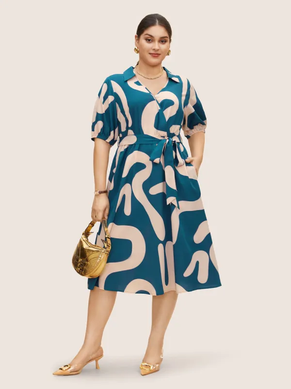 Shirt Collar Contrast Geometric Belted Midi Dress sold by Bloomchic
