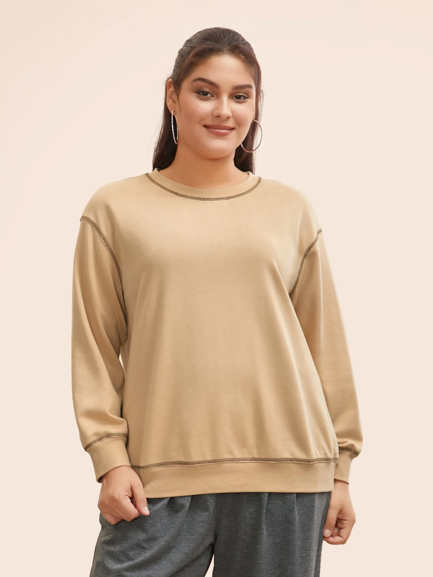 Round Neck Topstitching Patchwork Sweatshirt sold by Bloomchic product image thumbnail 4