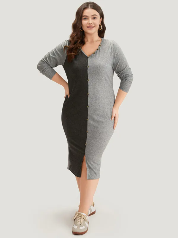 Two Tone V Neck Button Detail Split Front Dress sold by Bloomchic