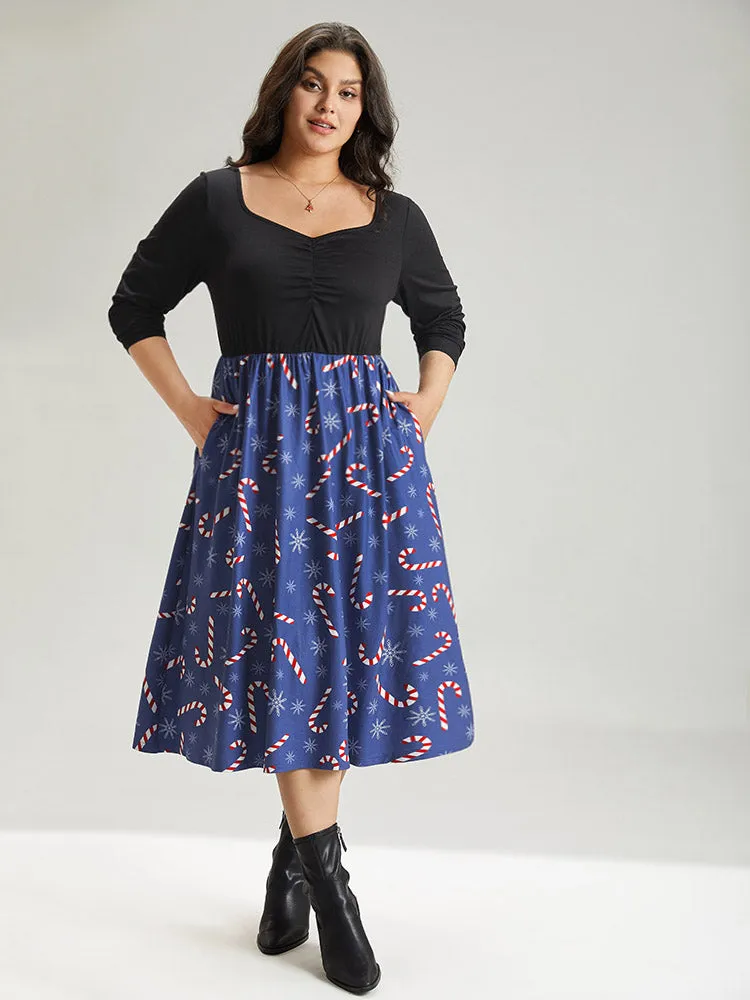 Snowflake & Christmas Candy Print Pocket Ruched Dress sold by Bloomchic