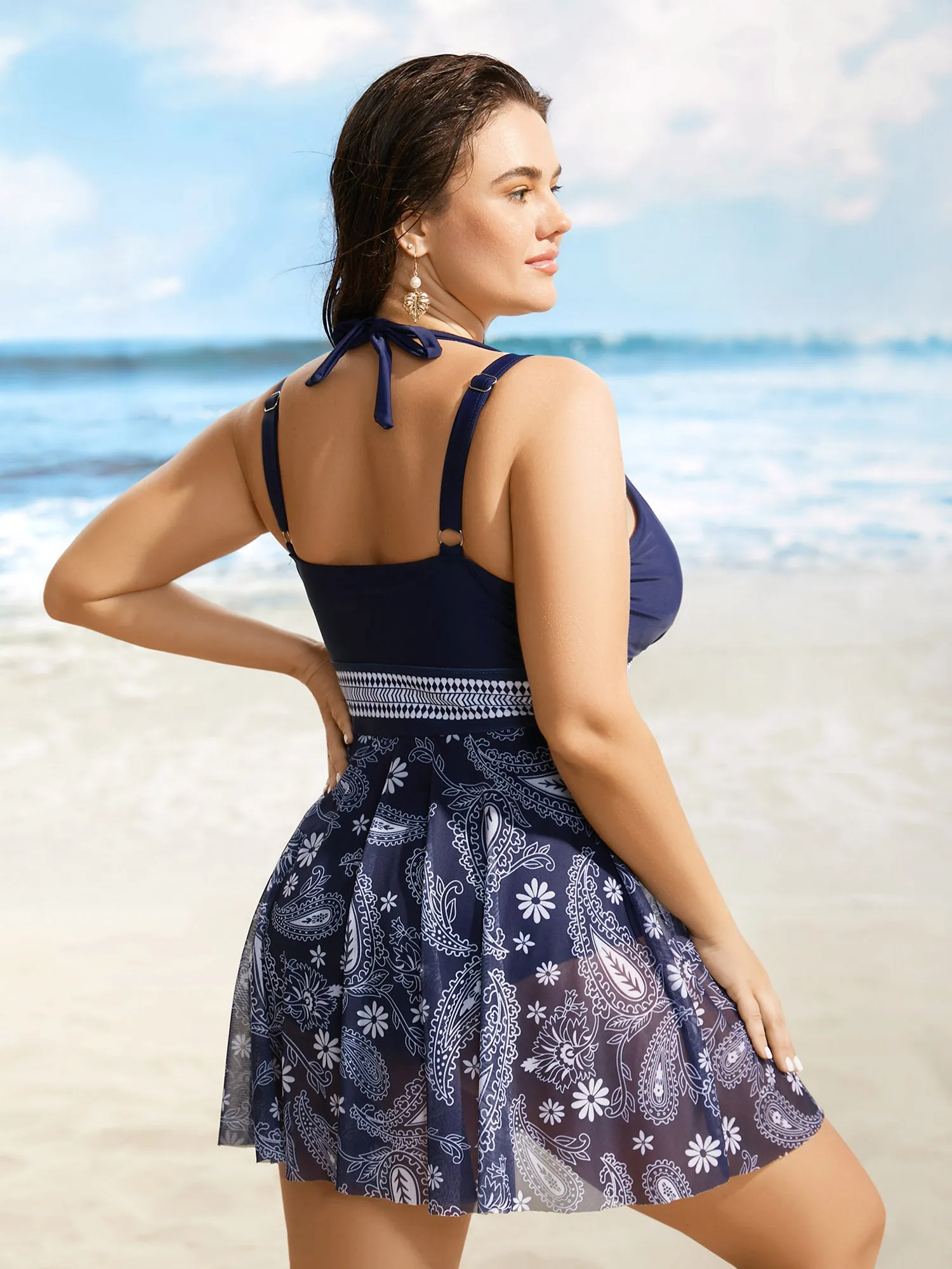 Overlap Collar Bandana Print Mesh Swim Dress sold by Bloomchic product image thumbnail 2