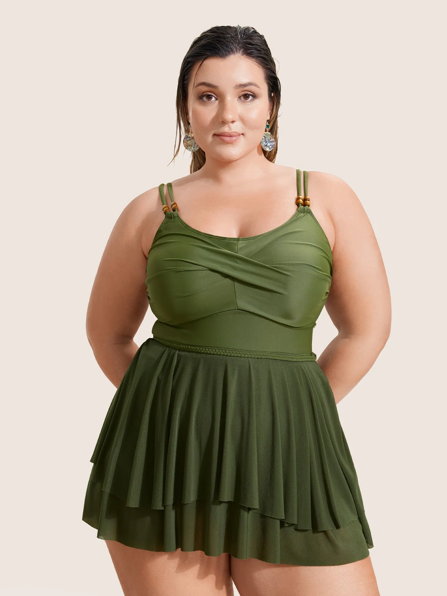 Solid Twist Front Tiered Hem Swim Dress sold by Bloomchic