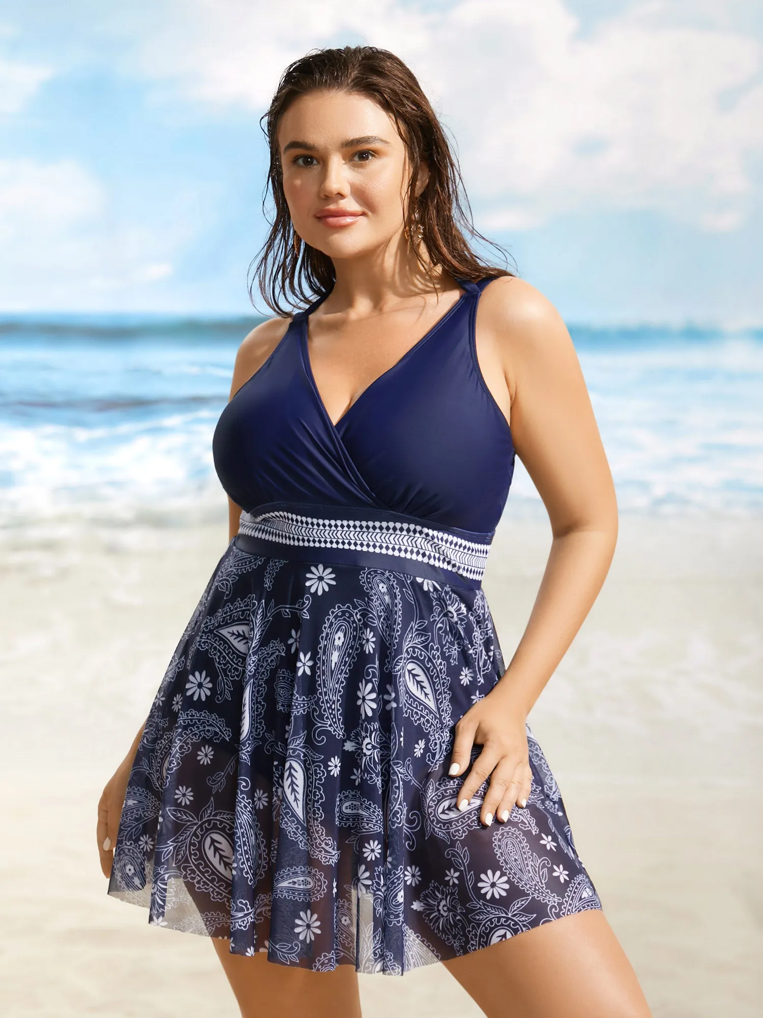 Overlap Collar Bandana Print Mesh Swim Dress sold by Bloomchic