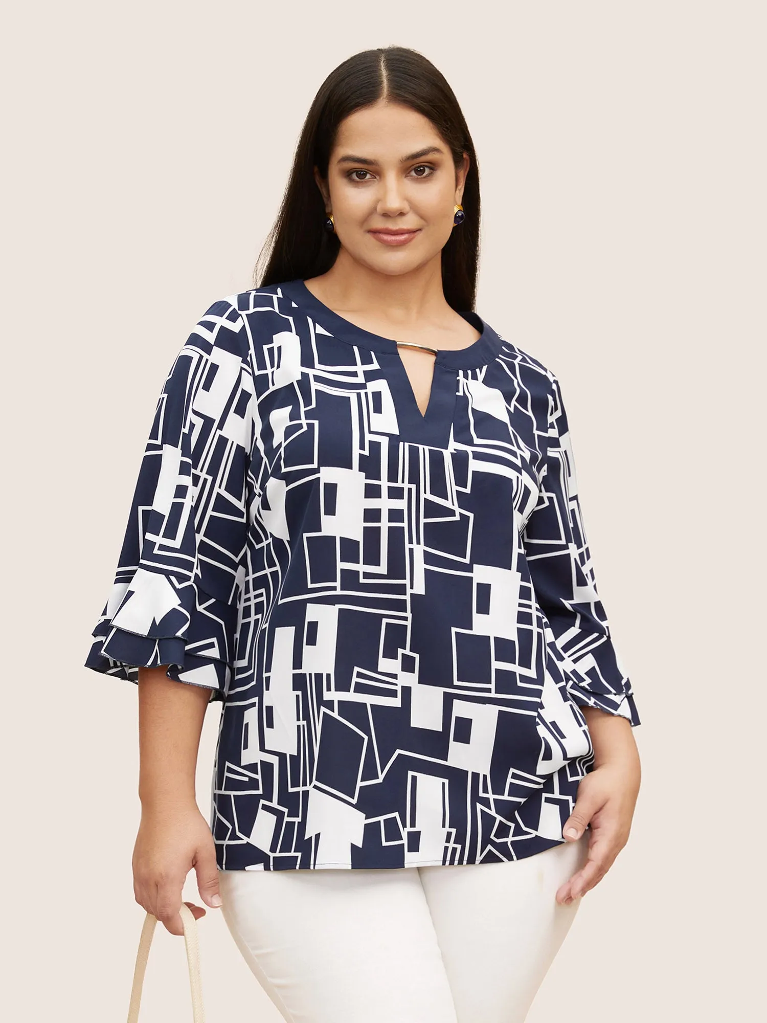 Geometric Keyhole Ruffles Metal Detail Blouse sold by Bloomchic product image thumbnail 4