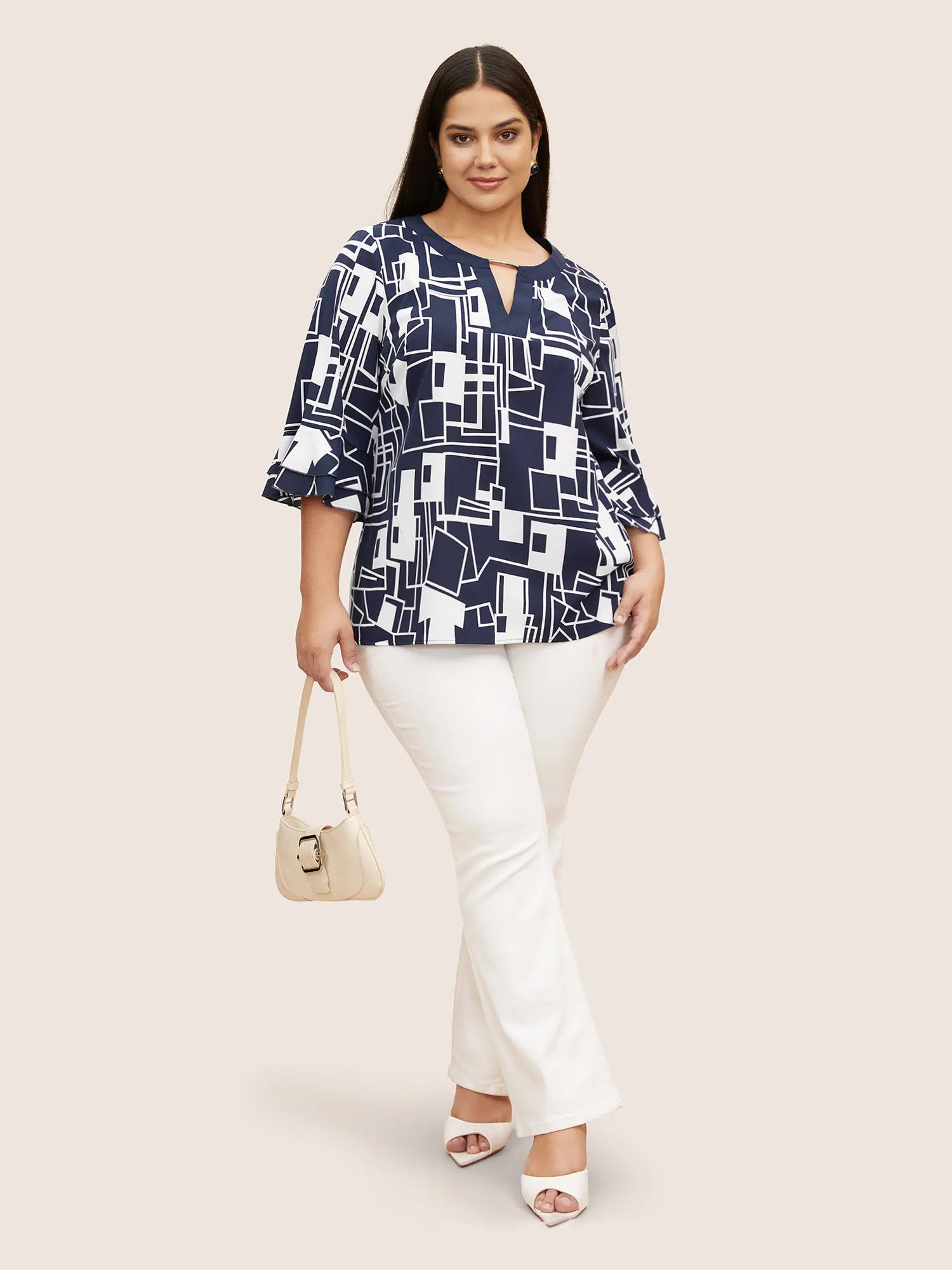 Geometric Keyhole Ruffles Metal Detail Blouse sold by Bloomchic product image thumbnail 2