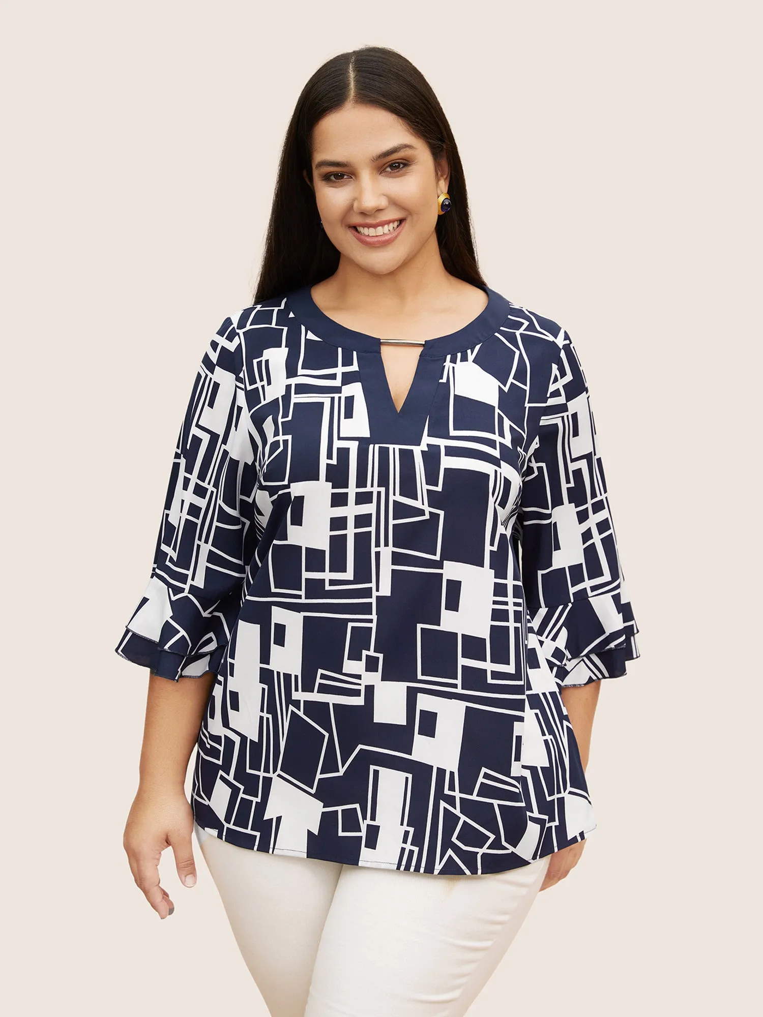 Geometric Keyhole Ruffles Metal Detail Blouse sold by Bloomchic