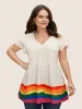 V Neck Colorblock Contrast Ruffle Sleeve T-shirt sold by Bloomchic