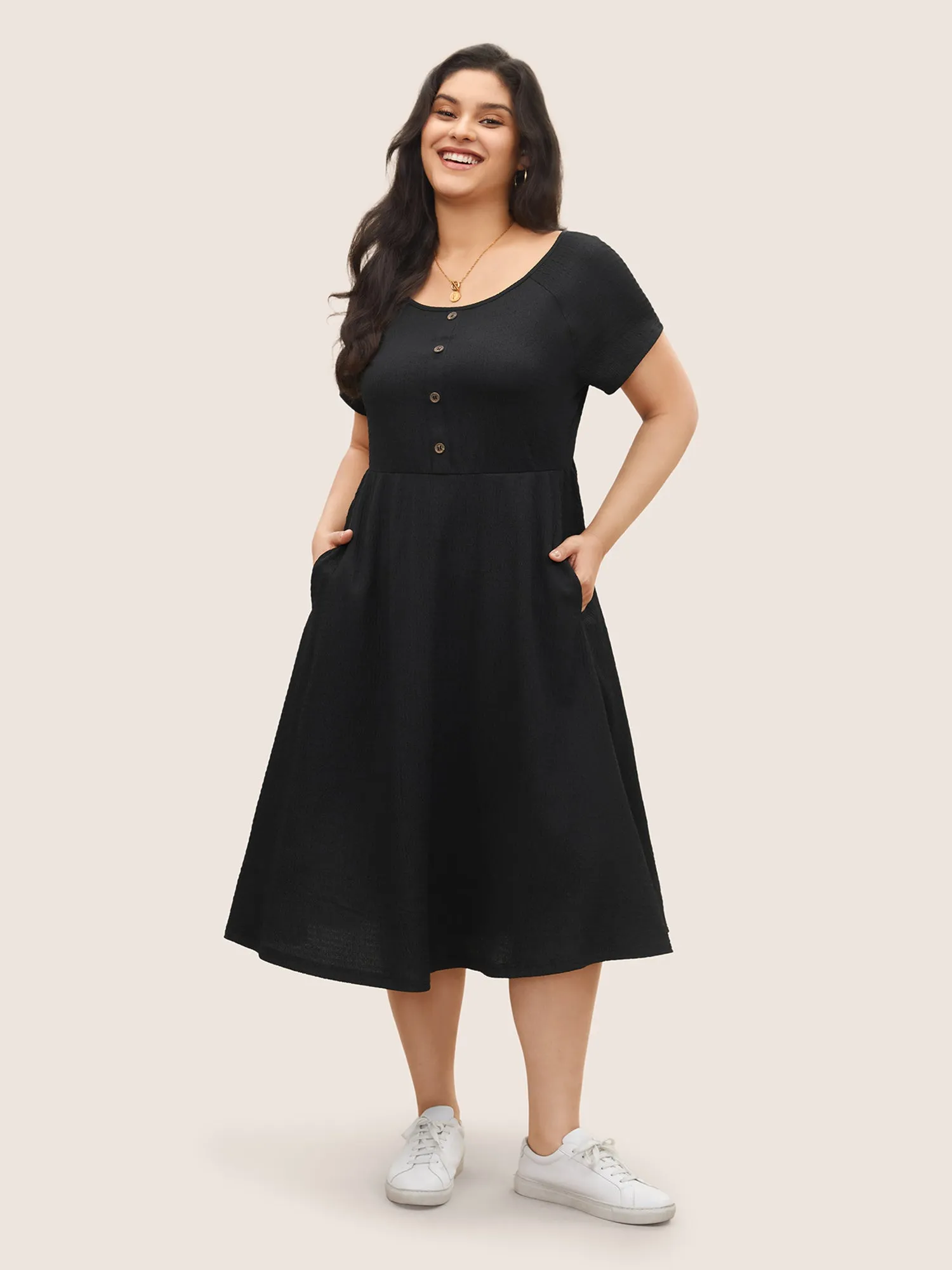 Boat Neck Raglan Sleeve Button Detail Dress sold by Bloomchic product image thumbnail 2