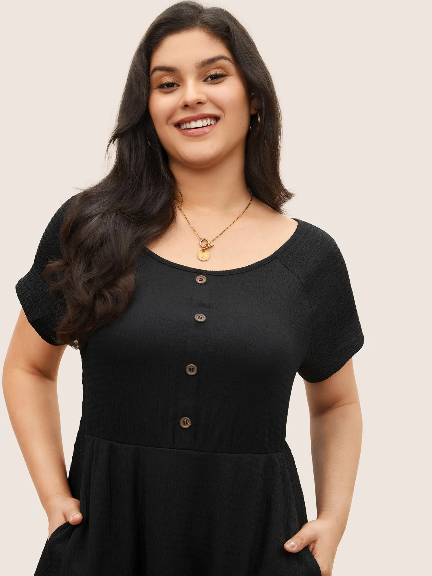 Boat Neck Raglan Sleeve Button Detail Dress sold by Bloomchic product image thumbnail 4