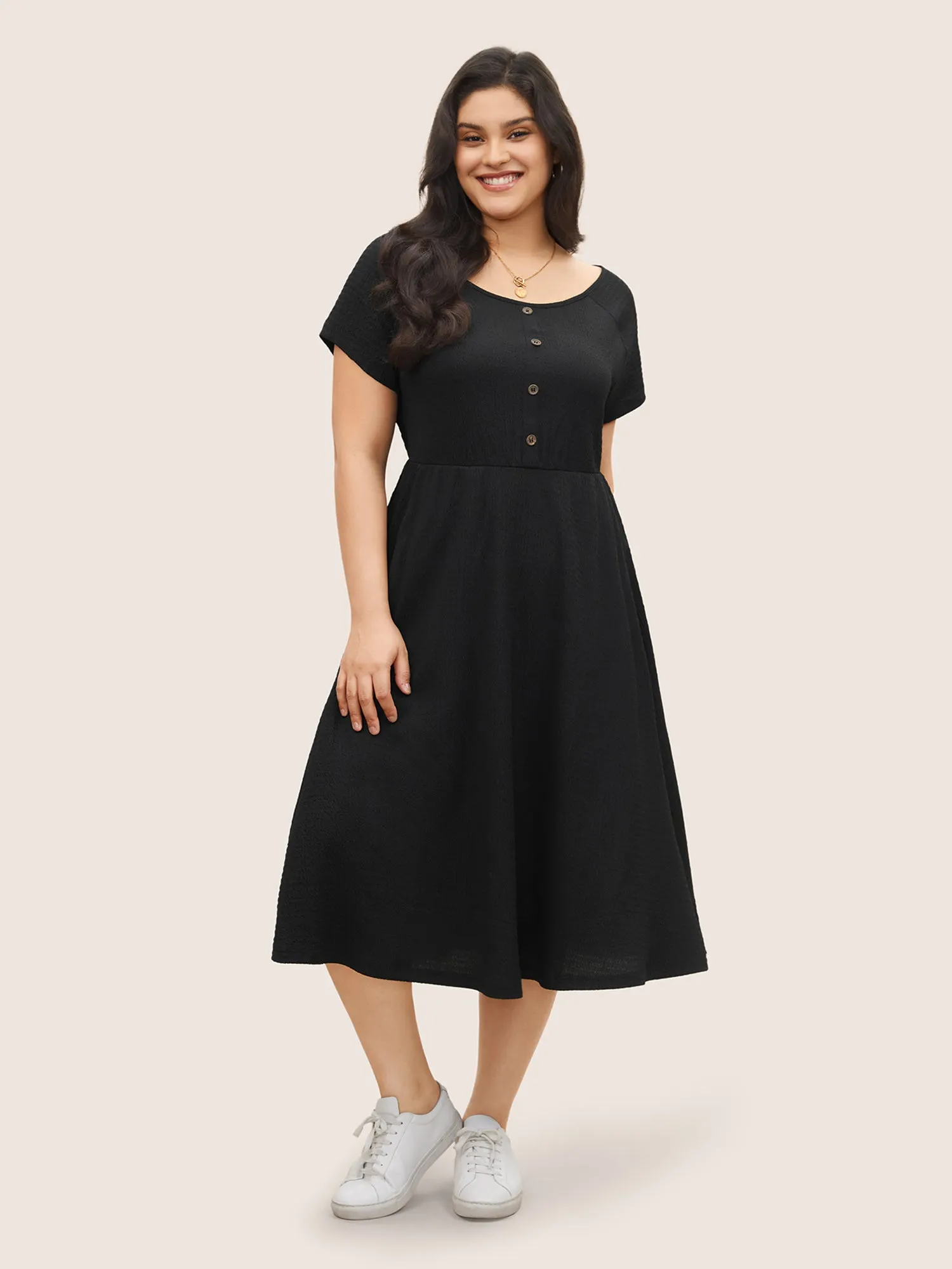 Boat Neck Raglan Sleeve Button Detail Dress sold by Bloomchic