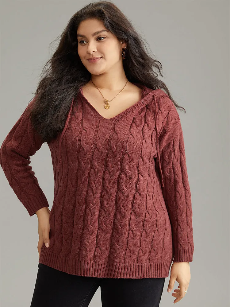 Plain Cable Knit Hooded Ties Pullover sold by Bloomchic