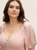 Solid Heart Neckline Pleated Button Detail Blouse sold by Bloomchic