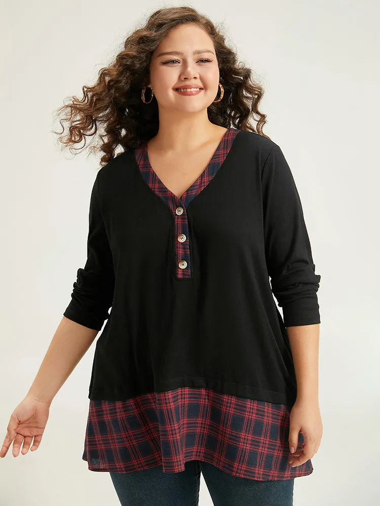 Plaid Patchwork Button Through T-shirt sold by Bloomchic