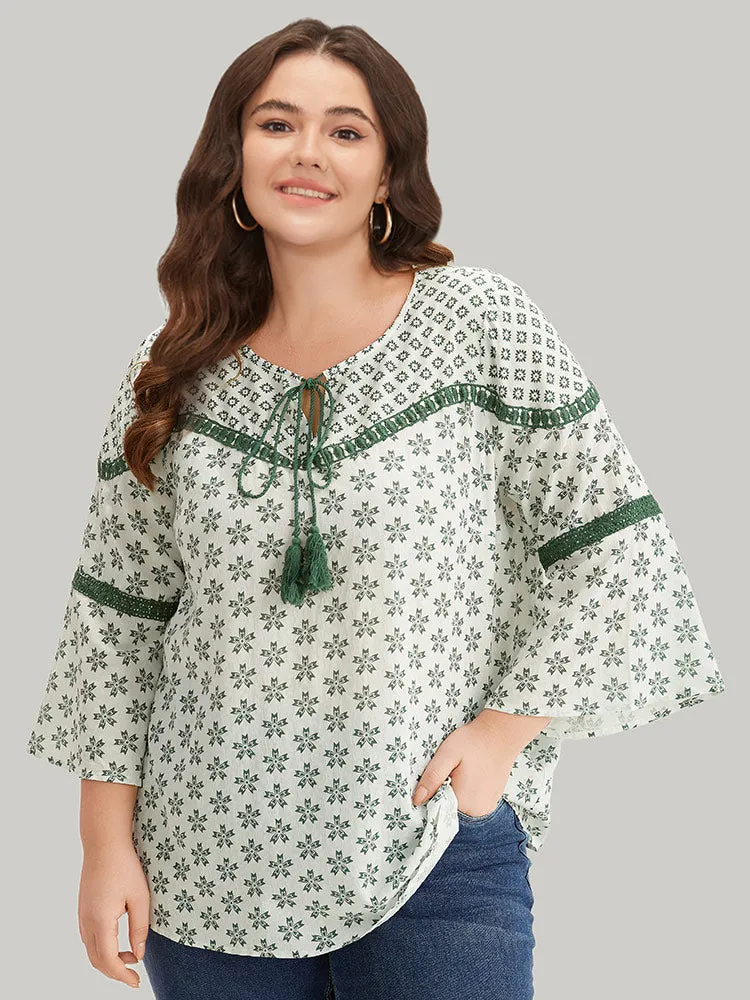 Boho Print Knot Lace Patchwork Tassel Bell Sleeve Blouse sold by Bloomchic product image thumbnail 3