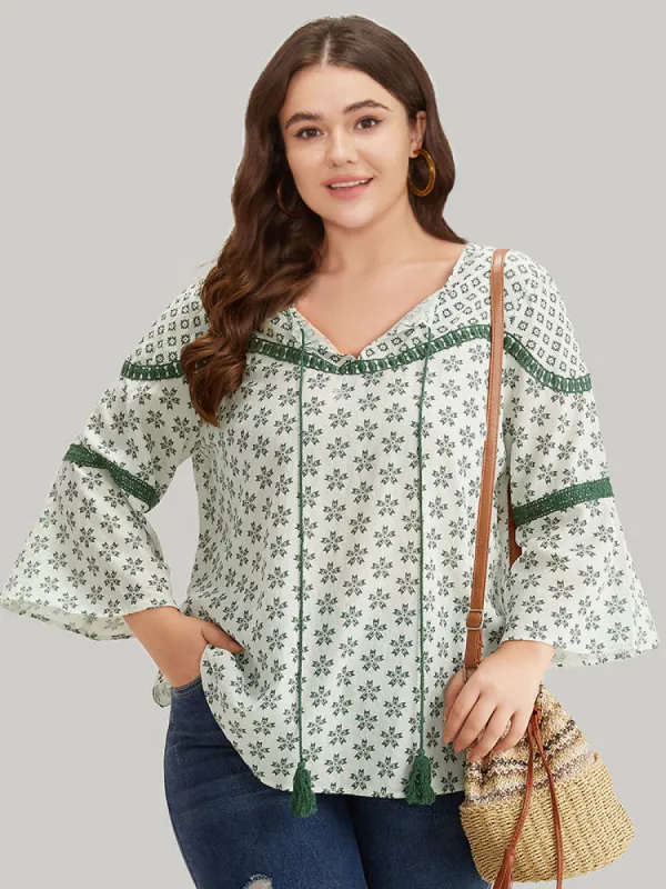 Boho Print Knot Lace Patchwork Tassel Bell Sleeve Blouse sold by Bloomchic
