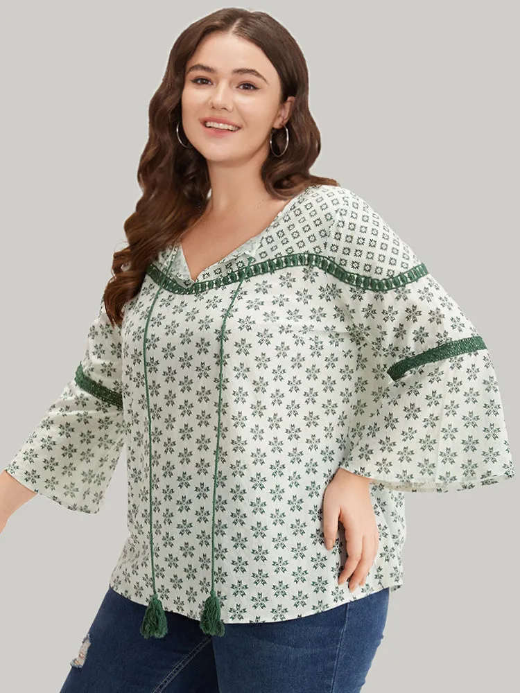 Boho Print Knot Lace Patchwork Tassel Bell Sleeve Blouse sold by Bloomchic product image thumbnail 5