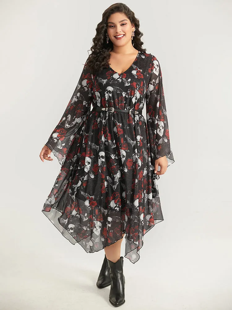 Halloween Skull & Floral Print Bell Sleeve Dress sold by Bloomchic product image thumbnail 3