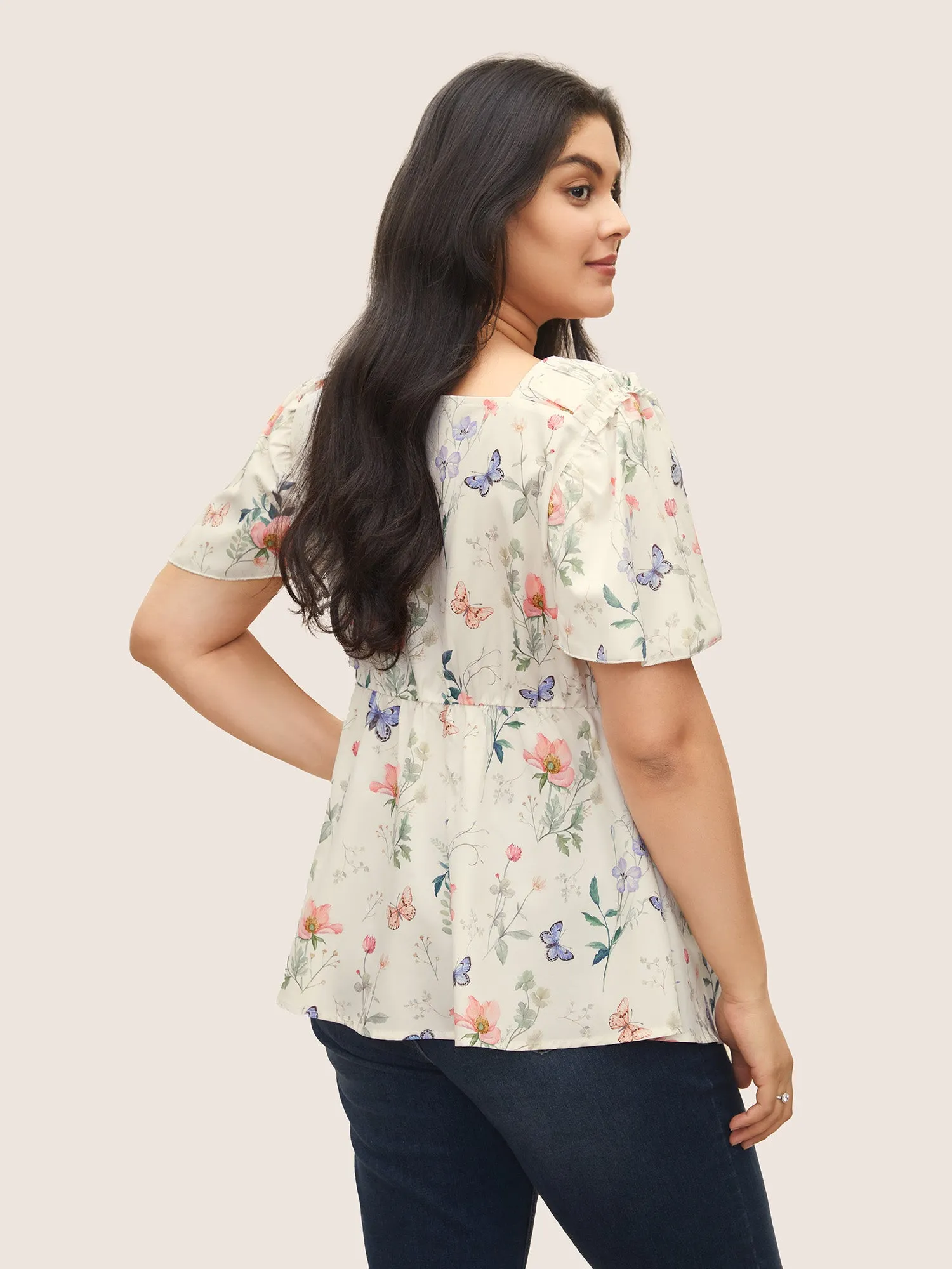 Butterfly Ruffles Elastic Waist Ruched Blouse sold by Bloomchic product image thumbnail 4