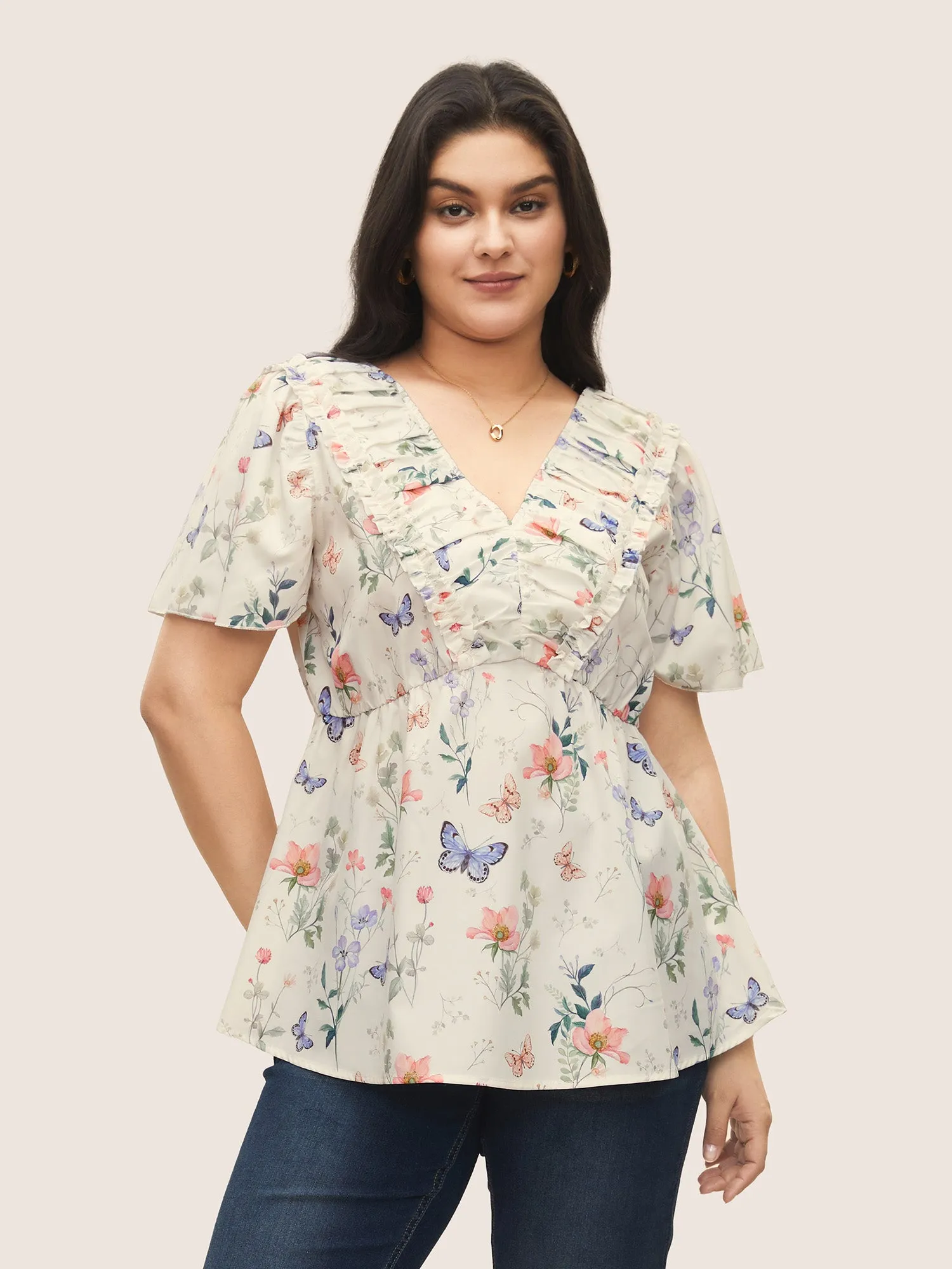 Butterfly Ruffles Elastic Waist Ruched Blouse sold by Bloomchic