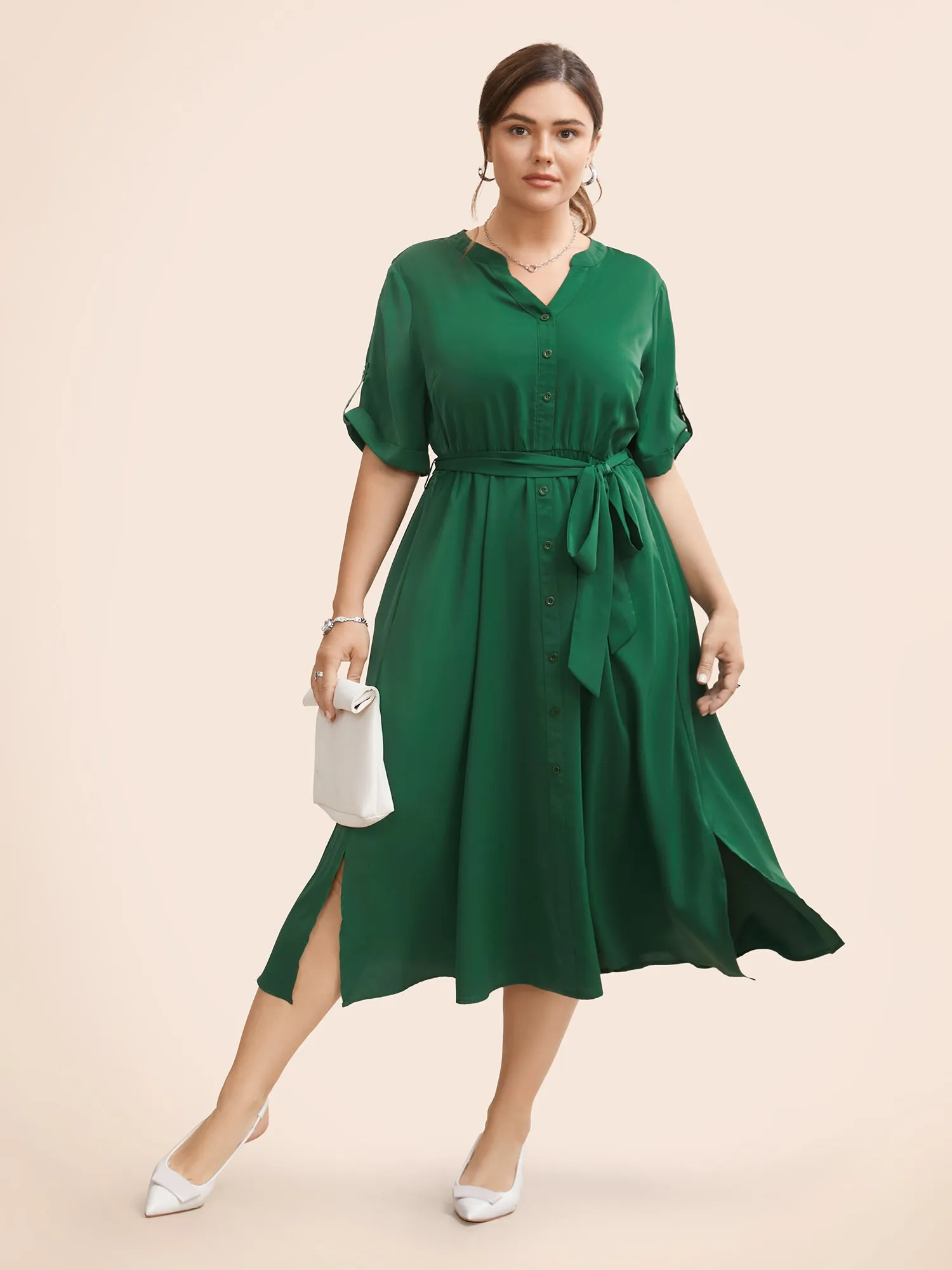 Solid Tab Sleeve Split Hem Dress sold by Bloomchic