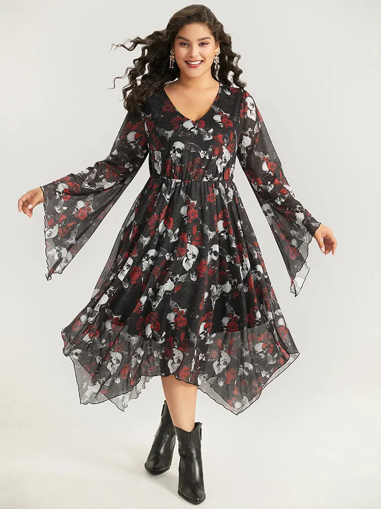 Halloween Skull & Floral Print Bell Sleeve Dress sold by Bloomchic product image thumbnail 4