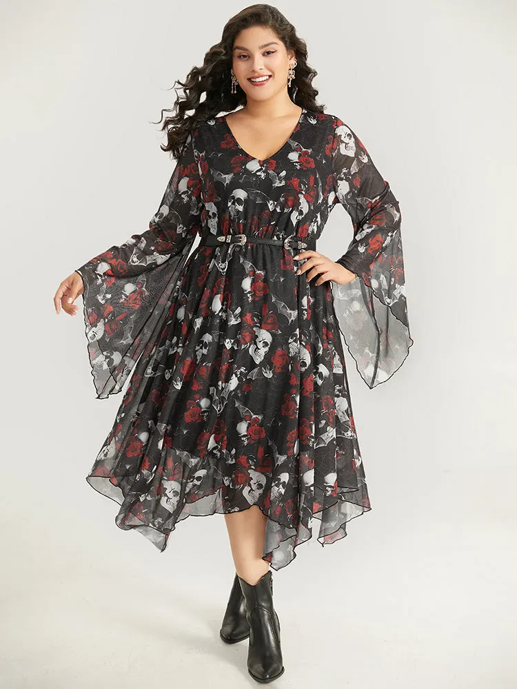 Halloween Skull & Floral Print Bell Sleeve Dress sold by Bloomchic