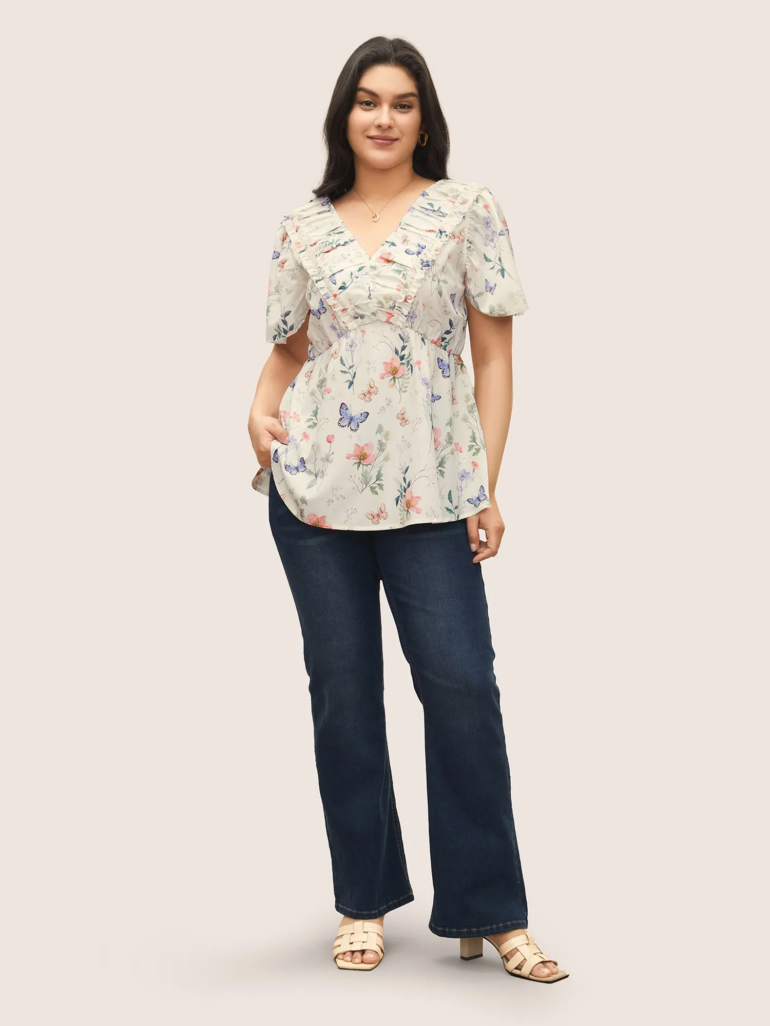 Butterfly Ruffles Elastic Waist Ruched Blouse sold by Bloomchic product image thumbnail 2