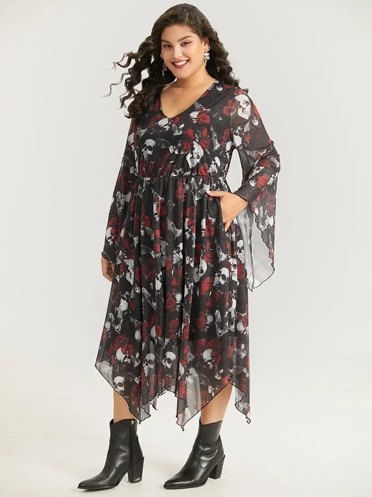 Halloween Skull & Floral Print Bell Sleeve Dress sold by Bloomchic product image thumbnail 5
