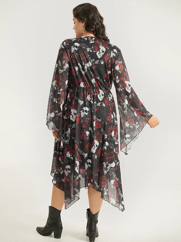 Halloween Skull & Floral Print Bell Sleeve Dress sold by Bloomchic product image thumbnail 2