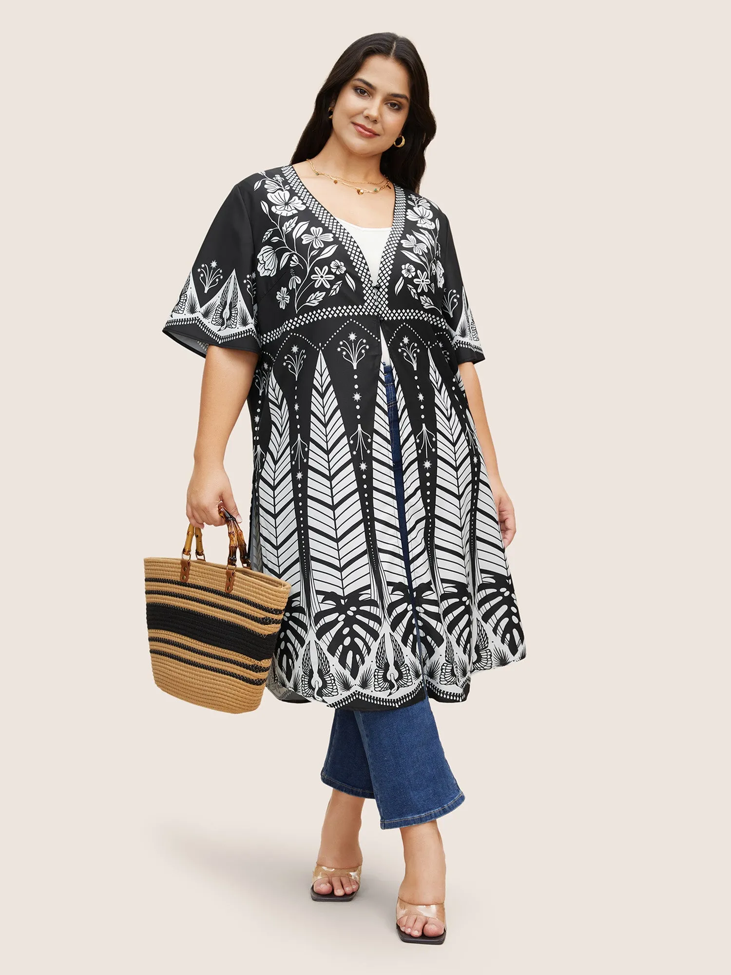 Boho Print Button Up Split Hem Kimono sold by Bloomchic