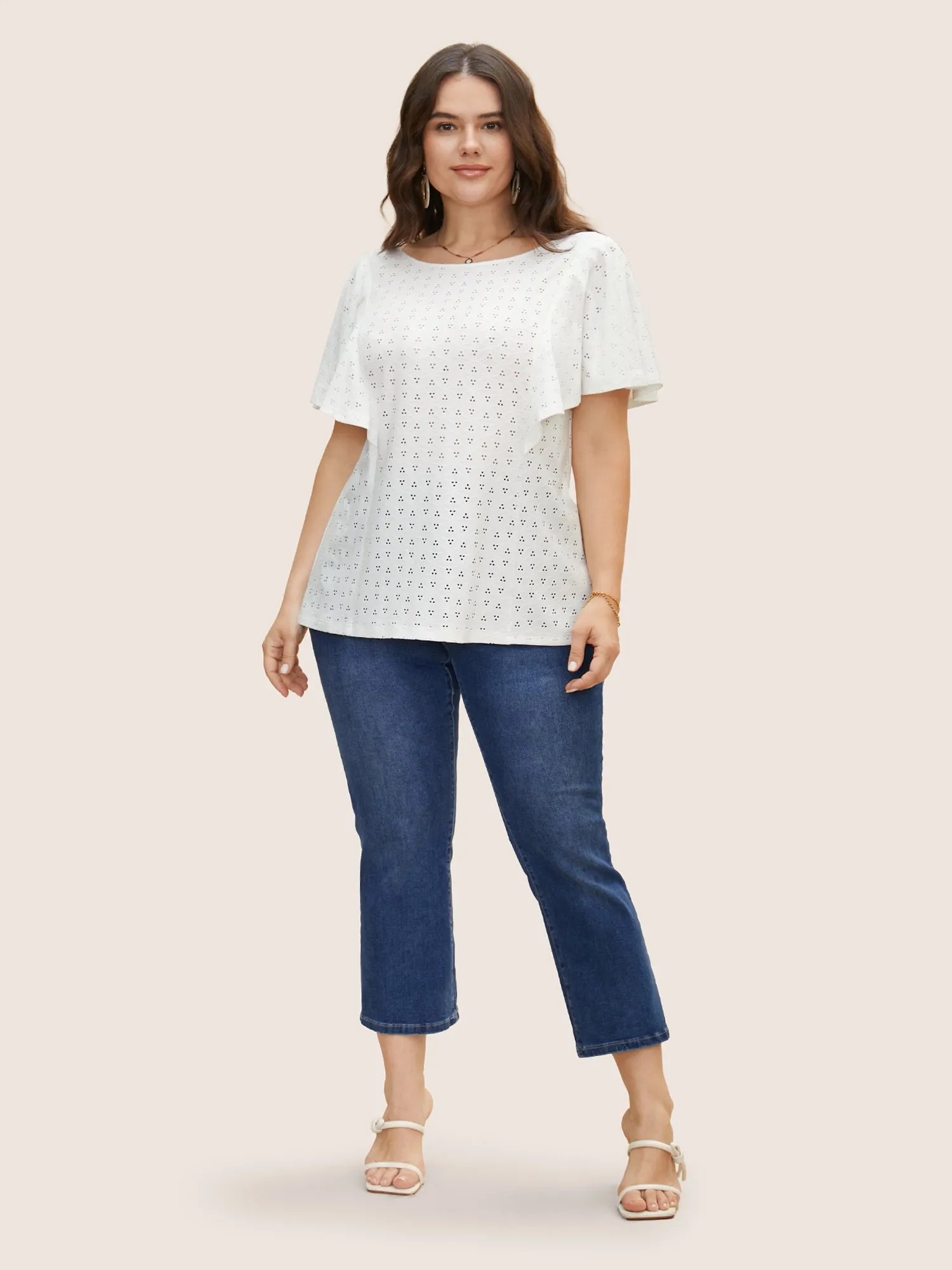 Round Neck Texture Cut Out Ruffle Sleeve T-shirt sold by Bloomchic product image thumbnail 4