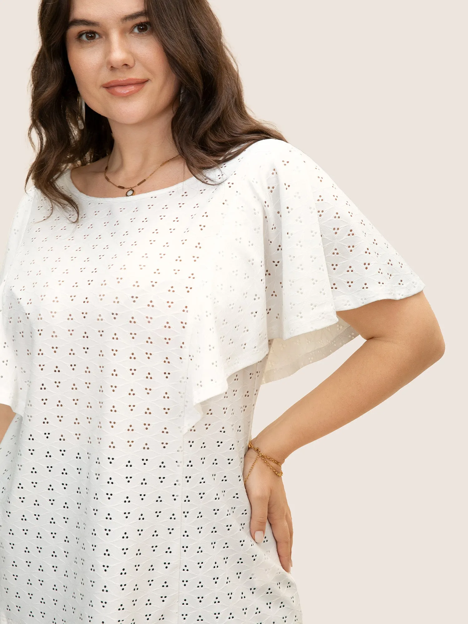 Round Neck Texture Cut Out Ruffle Sleeve T-shirt sold by Bloomchic product image thumbnail 3