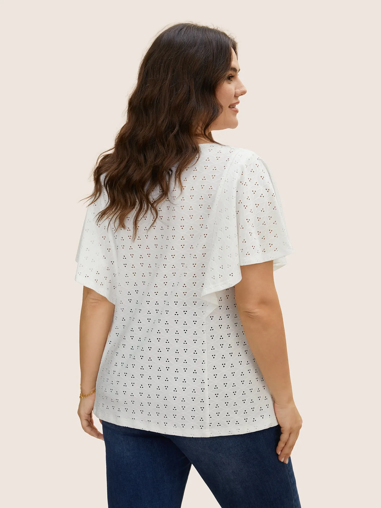 Round Neck Texture Cut Out Ruffle Sleeve T-shirt sold by Bloomchic product image thumbnail 2