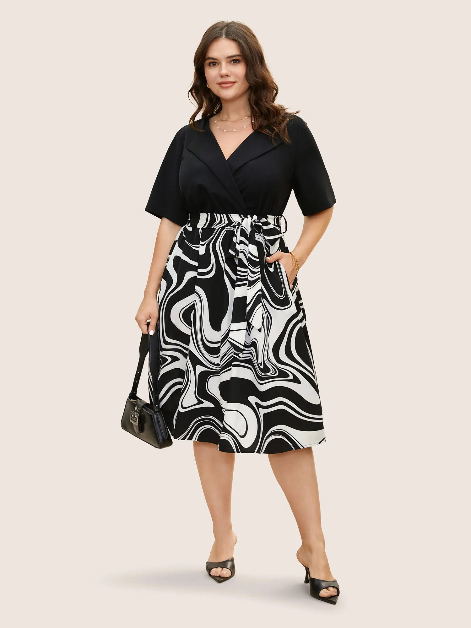 Geometric Patchwork Suit Collar Belted Dress sold by Bloomchic