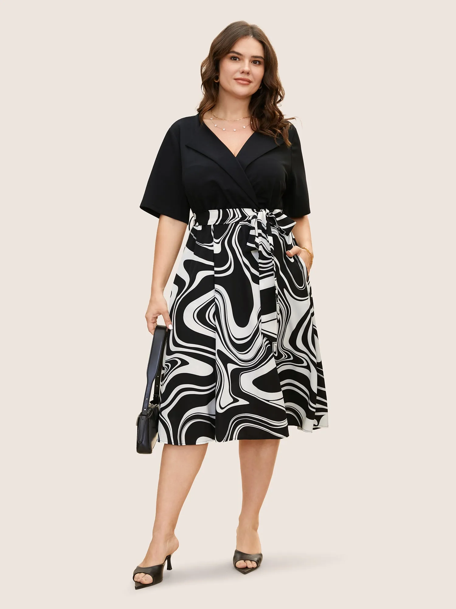 Geometric Patchwork Suit Collar Belted Dress sold by Bloomchic product image thumbnail 3