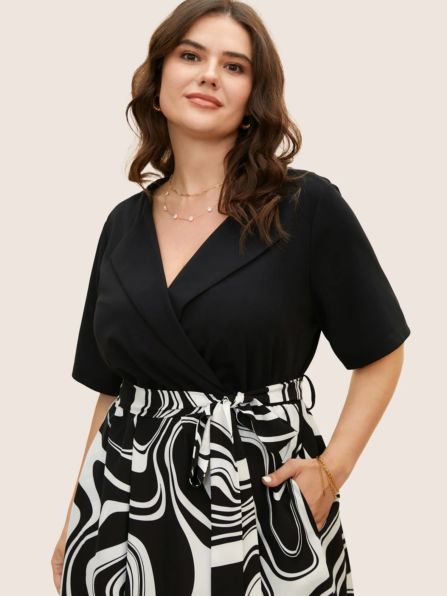 Geometric Patchwork Suit Collar Belted Dress sold by Bloomchic product image thumbnail 2