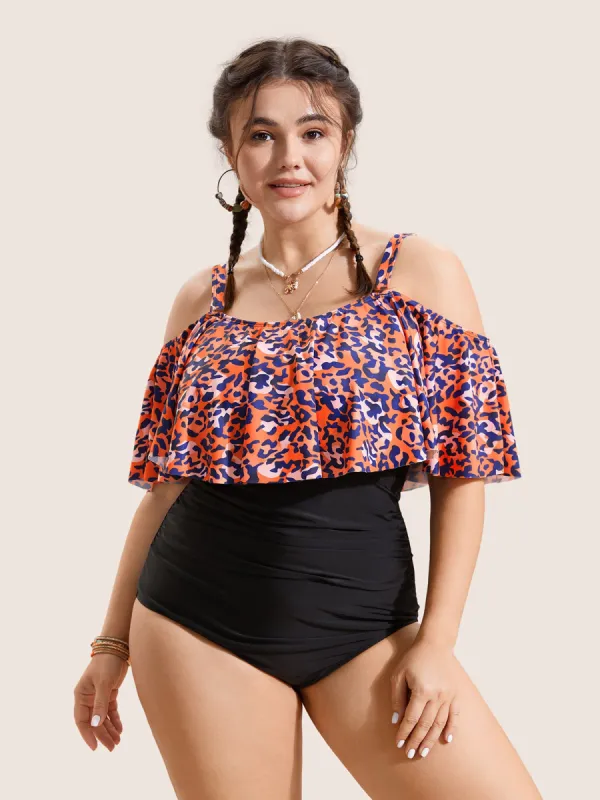 Leopard Patchwork Cold Shoulder One Piece Swimsuit sold by Bloomchic