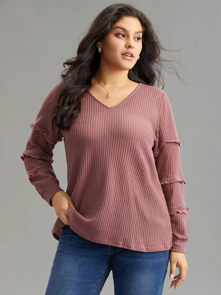 Halloween Plain Textured Frill Trim V Neck T-shirt sold by Bloomchic