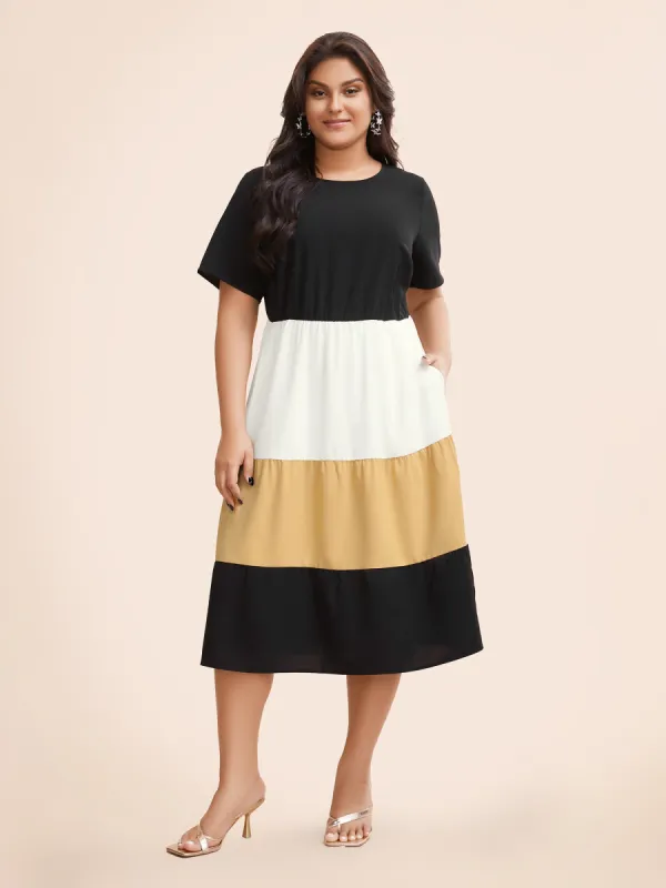 Contrast Belted Pocket Layered Hem Dolman Sleeve Dress sold by Bloomchic