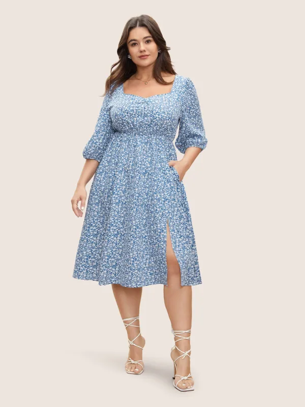 Ditsy Floral Print Square Neck Split Hem Dress sold by Bloomchic