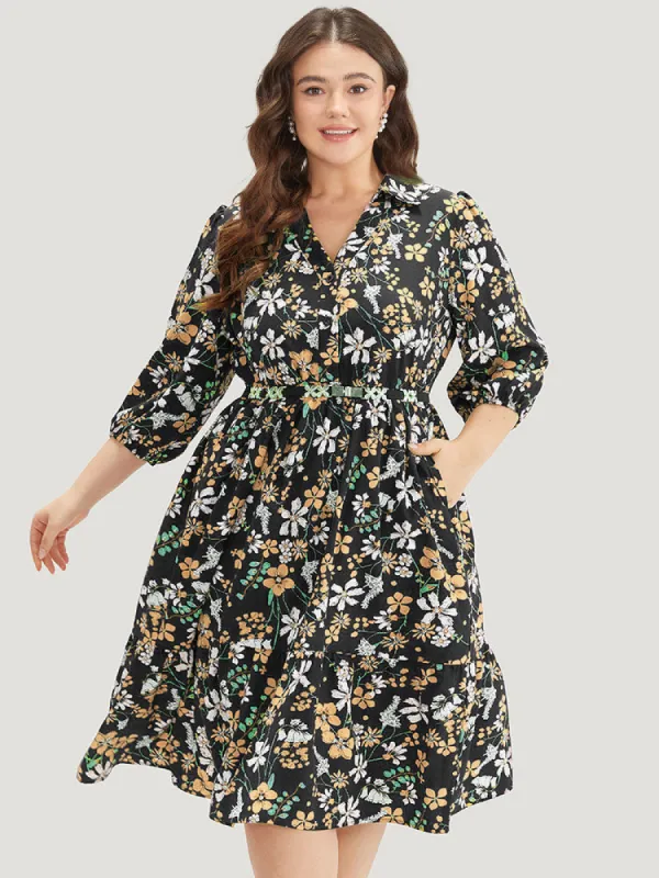 Floral Print Shirt Collar Ruffled Hem Dress sold by Bloomchic