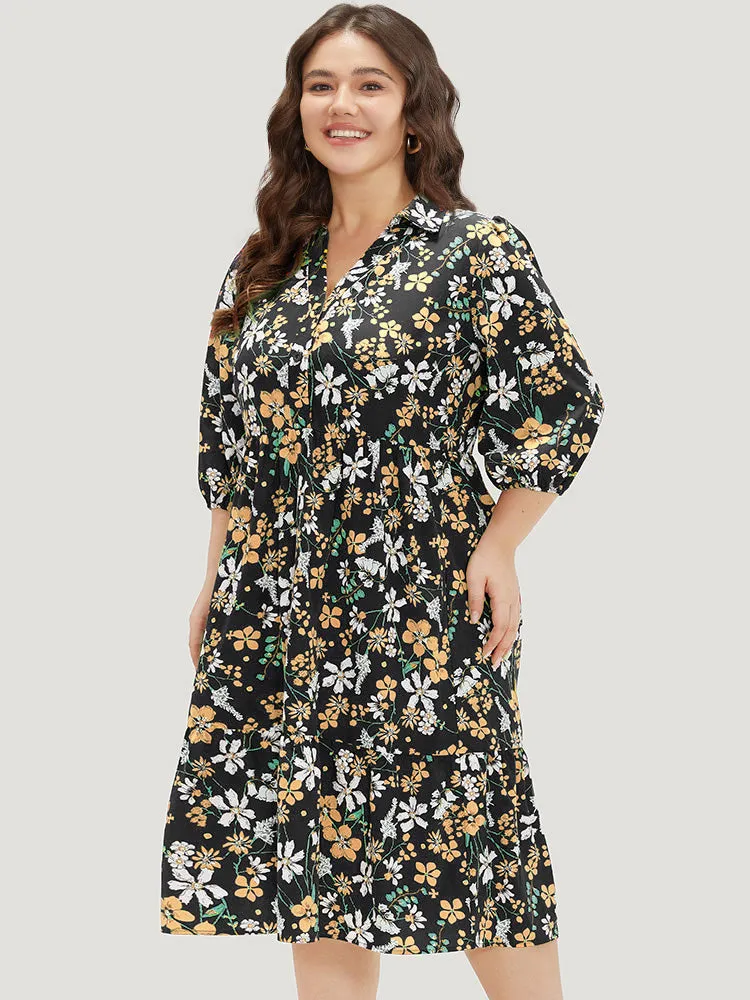 Floral Print Shirt Collar Ruffled Hem Dress sold by Bloomchic product image thumbnail 3
