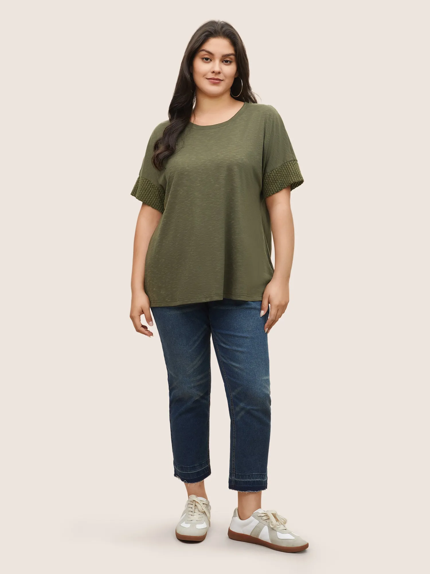 Solid Lace Insert Batwing Sleeve T-shirt sold by Bloomchic product image thumbnail 2