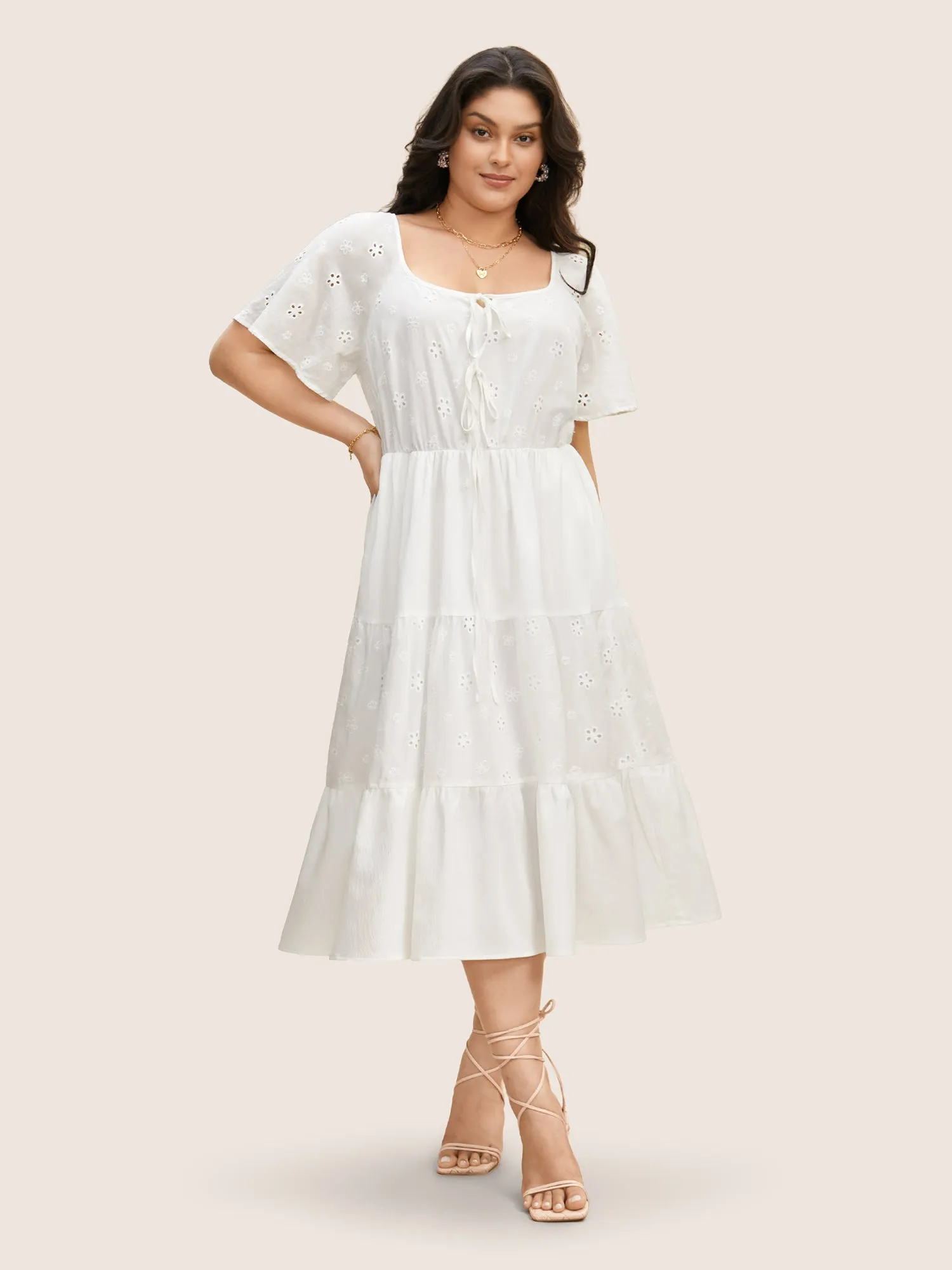 Broderie Anglaise Ties Ruffle Layered Hem Dress sold by Bloomchic product image thumbnail 2