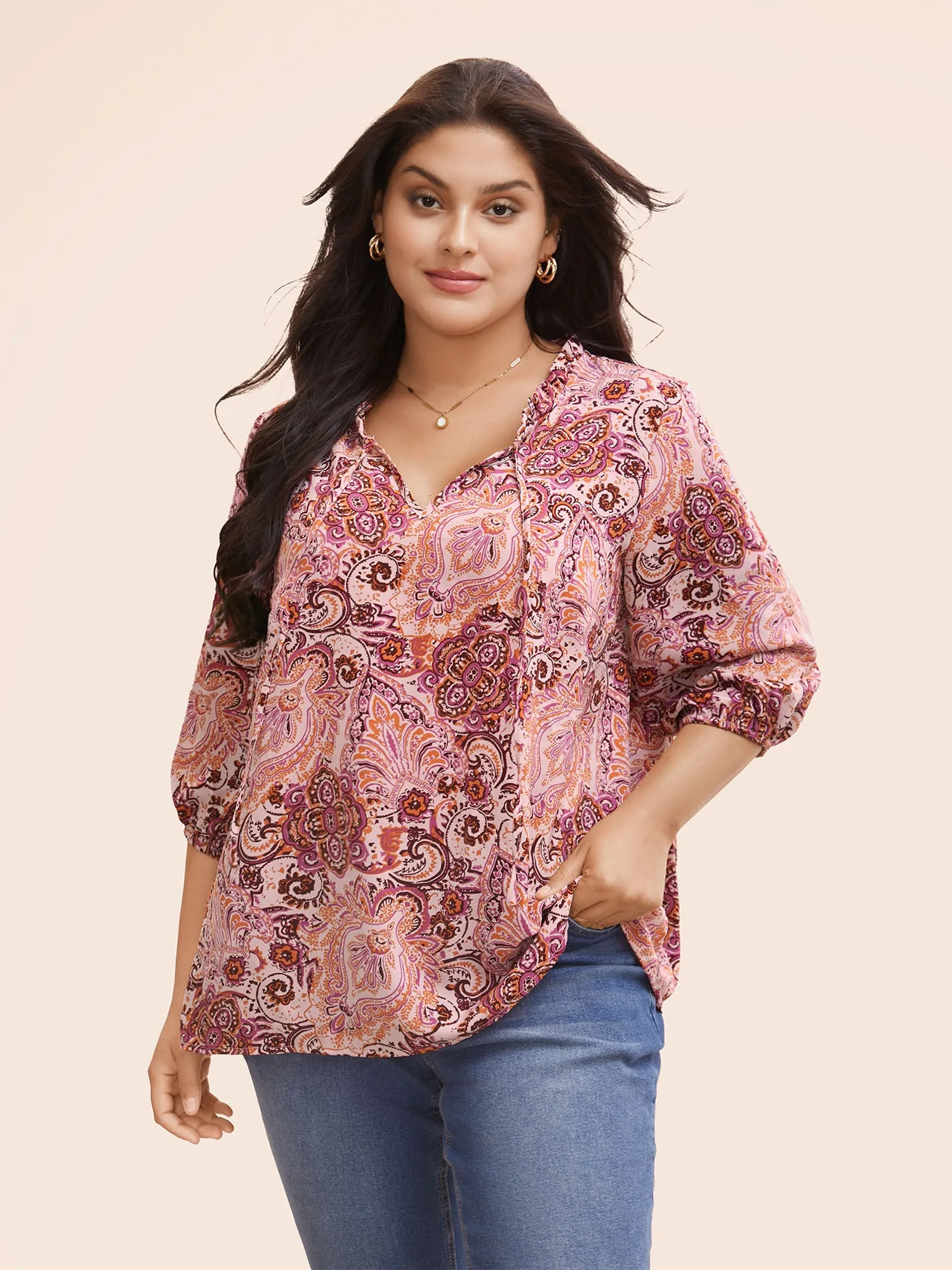 Bandana Frill Trim Tie Knot Blouse sold by Bloomchic