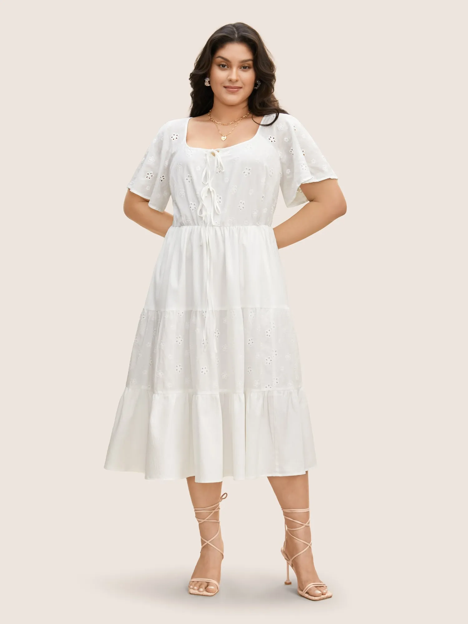 Broderie Anglaise Ties Ruffle Layered Hem Dress sold by Bloomchic