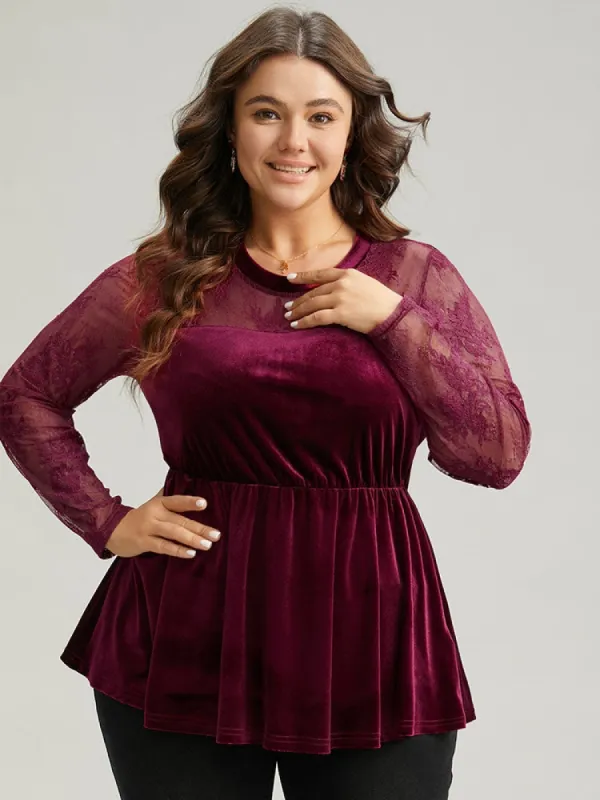 Velvet Patchwork Mesh Guipure Lace Gathered Blouse sold by Bloomchic