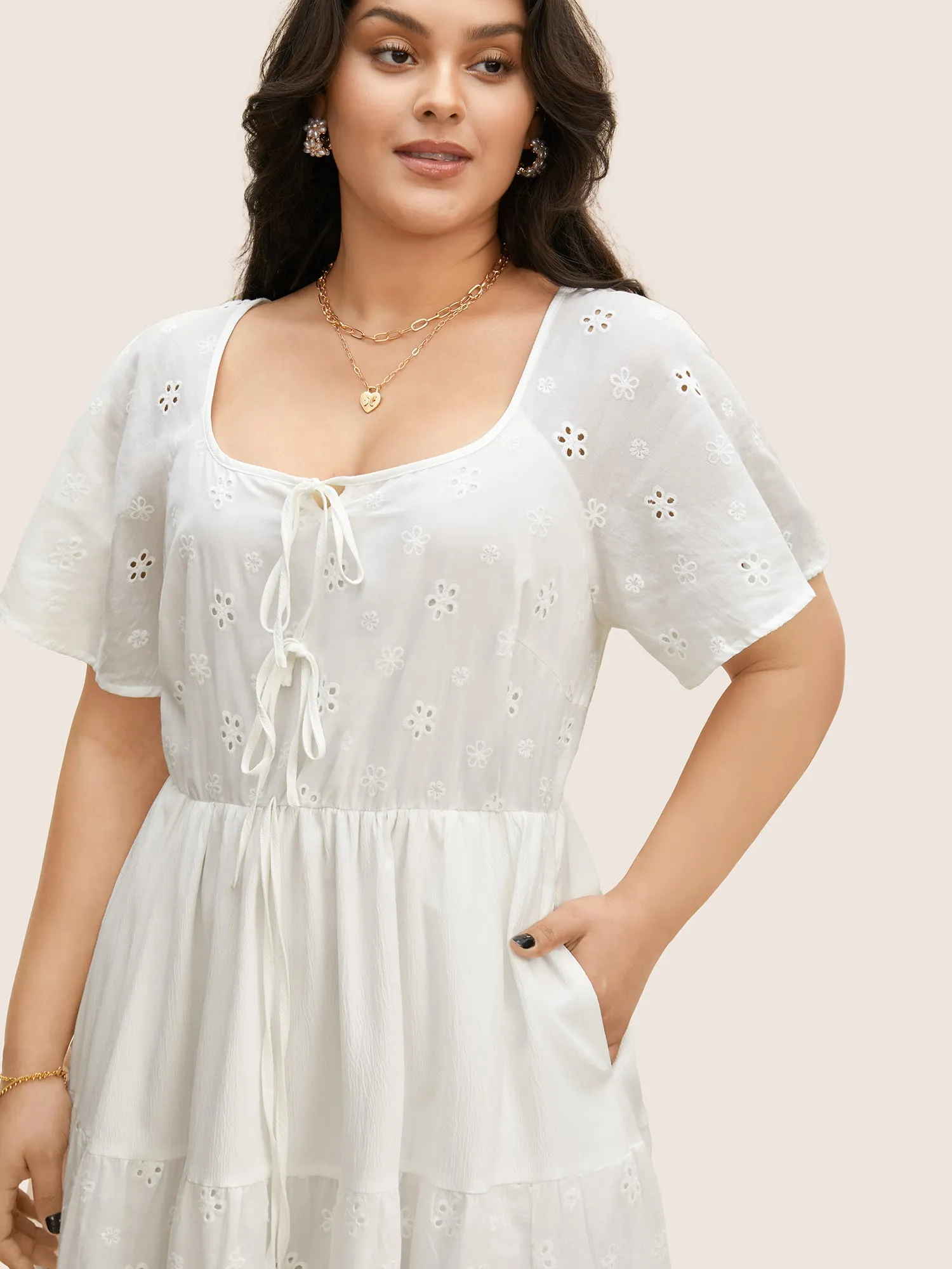 Broderie Anglaise Ties Ruffle Layered Hem Dress sold by Bloomchic product image thumbnail 4
